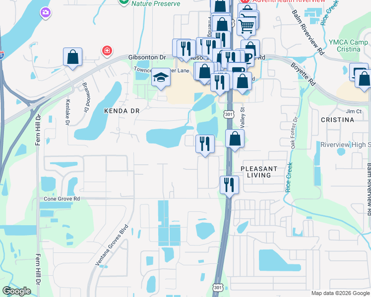 map of restaurants, bars, coffee shops, grocery stores, and more near 10537 Lake Montauk Drive in Riverview