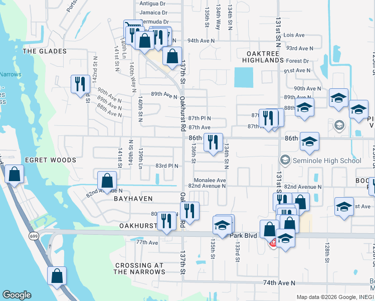 map of restaurants, bars, coffee shops, grocery stores, and more near 8497 137th Street in Seminole