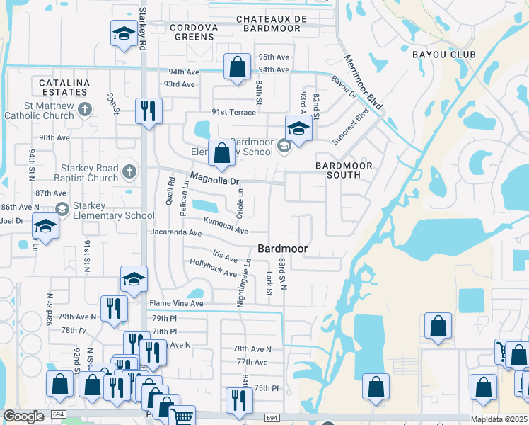 map of restaurants, bars, coffee shops, grocery stores, and more near 8584 Mockingbird Lane in Seminole