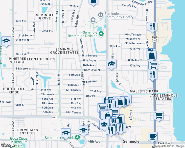 map of restaurants, bars, coffee shops, grocery stores, and more near 11526 86th Avenue North in Seminole