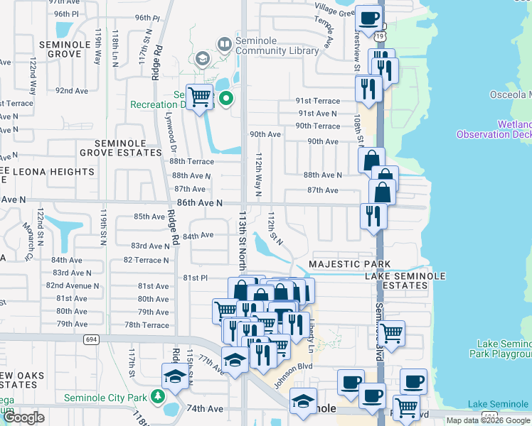 map of restaurants, bars, coffee shops, grocery stores, and more near 11200 86th Avenue in Seminole