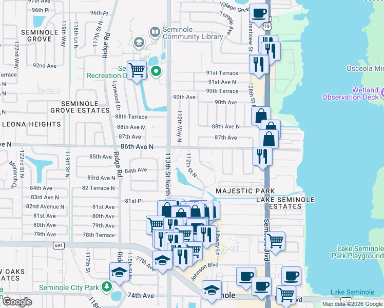 map of restaurants, bars, coffee shops, grocery stores, and more near 8555 112th Street North in Seminole