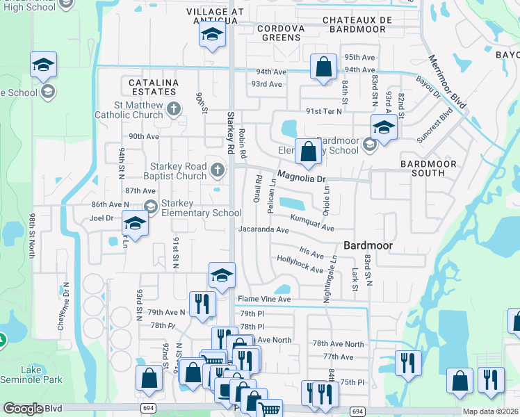 map of restaurants, bars, coffee shops, grocery stores, and more near 8626 Quail Road in Seminole