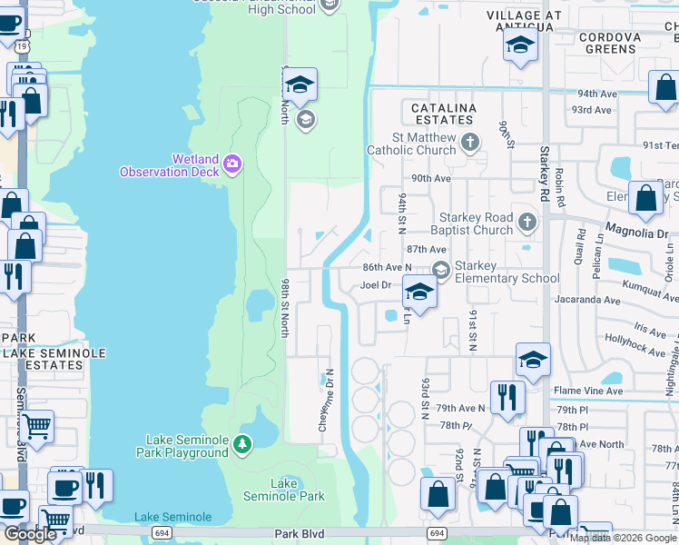 map of restaurants, bars, coffee shops, grocery stores, and more near 9537-9553 86th Avenue North in Seminole