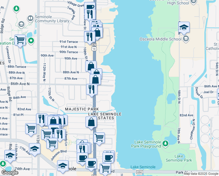 map of restaurants, bars, coffee shops, grocery stores, and more near 10550 86th Avenue North in Seminole