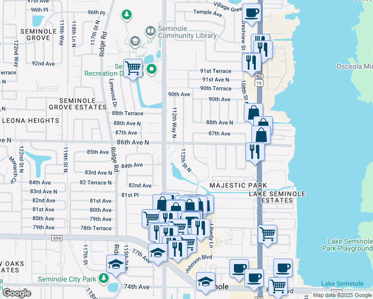 map of restaurants, bars, coffee shops, grocery stores, and more near 11200 86th Avenue North in Seminole