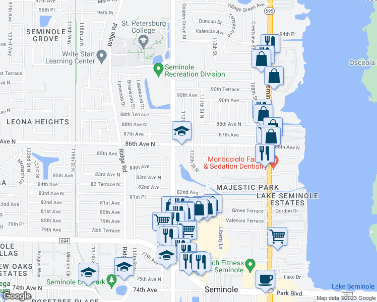 map of restaurants, bars, coffee shops, grocery stores, and more near 11200 86th Avenue North in Seminole