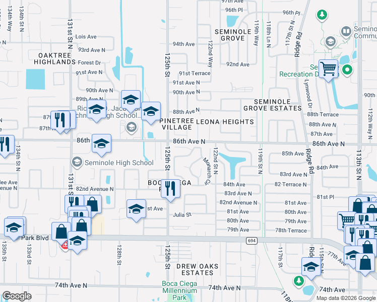 map of restaurants, bars, coffee shops, grocery stores, and more near 12441 Regency Avenue in Seminole