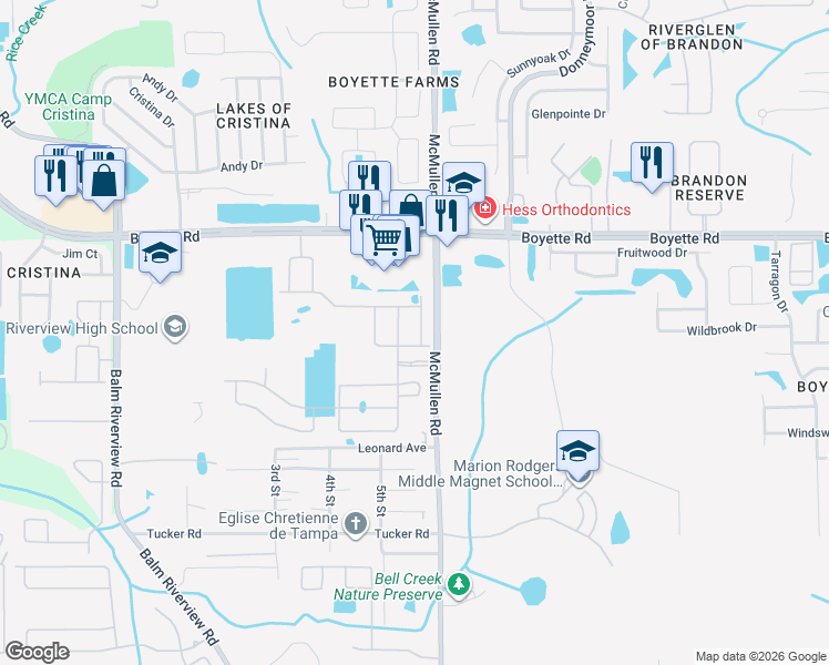 map of restaurants, bars, coffee shops, grocery stores, and more near 10327 Holstein Edge Place in Riverview