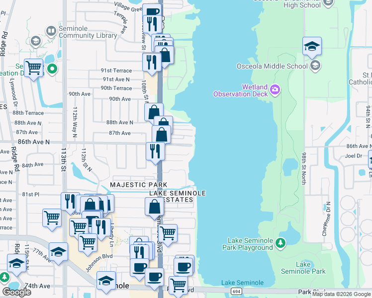 map of restaurants, bars, coffee shops, grocery stores, and more near 10550 86th Avenue North in Seminole
