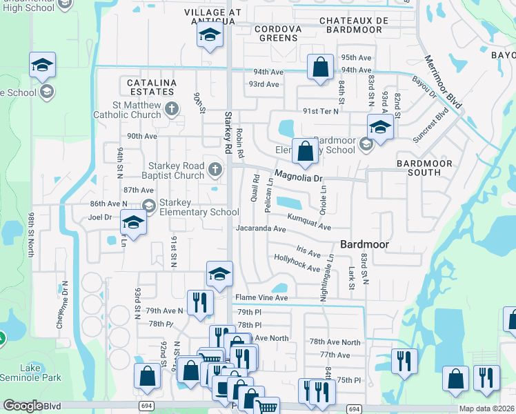 map of restaurants, bars, coffee shops, grocery stores, and more near 8626 Quail Road in Seminole