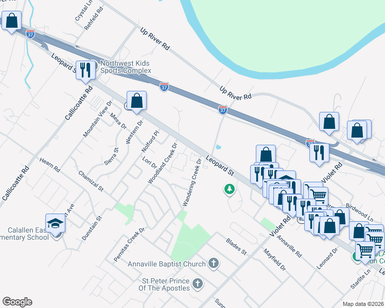 map of restaurants, bars, coffee shops, grocery stores, and more near 11633 Leopard Street in Corpus Christi