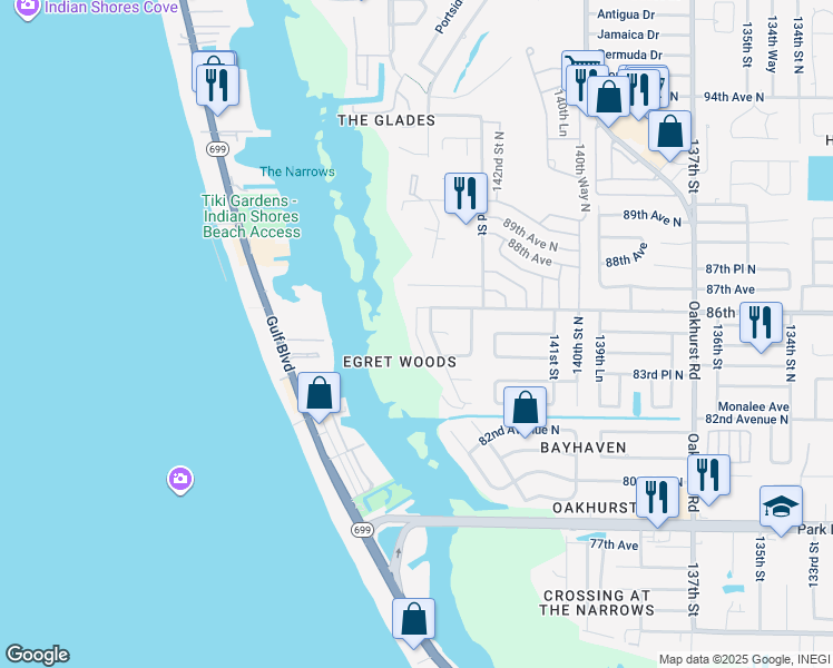 map of restaurants, bars, coffee shops, grocery stores, and more near Egret Lane in Pinellas County