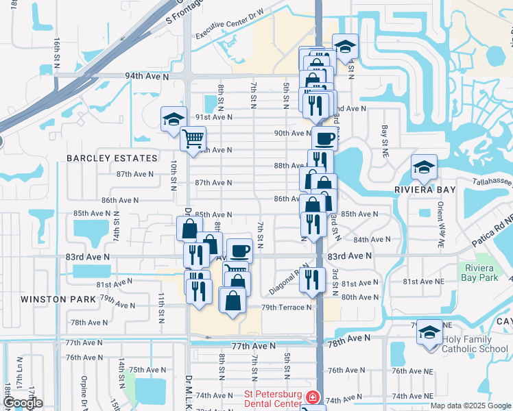 map of restaurants, bars, coffee shops, grocery stores, and more near 8520 7th Street North in Saint Petersburg