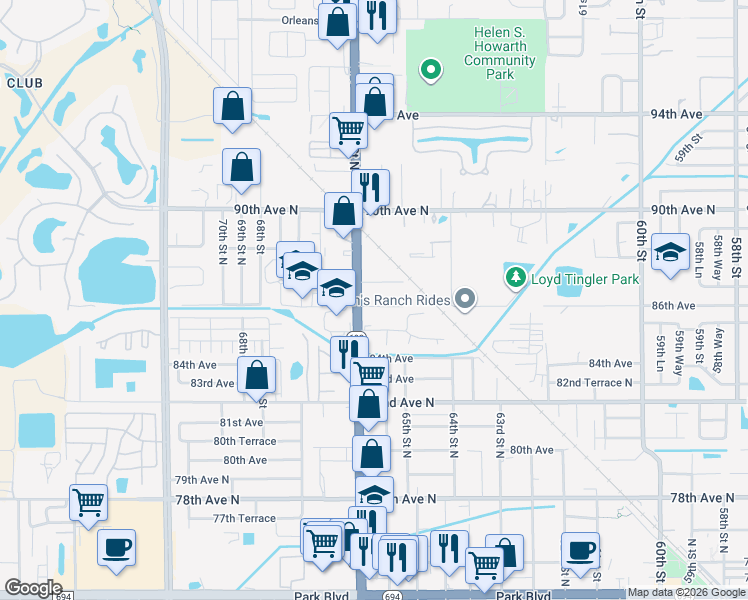 map of restaurants, bars, coffee shops, grocery stores, and more near 6585 86th Avenue in Pinellas Park