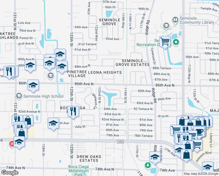 map of restaurants, bars, coffee shops, grocery stores, and more near 8585 Forsyth Drive North in Seminole