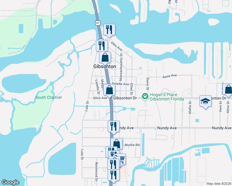 map of restaurants, bars, coffee shops, grocery stores, and more near 10012 Indiana Street in Gibsonton