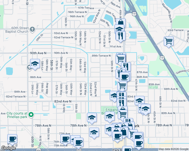 map of restaurants, bars, coffee shops, grocery stores, and more near 5275 86th Avenue in Pinellas Park