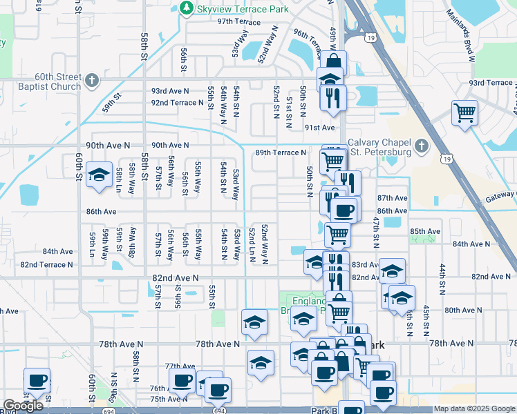 map of restaurants, bars, coffee shops, grocery stores, and more near 5281 86th Avenue in Pinellas Park