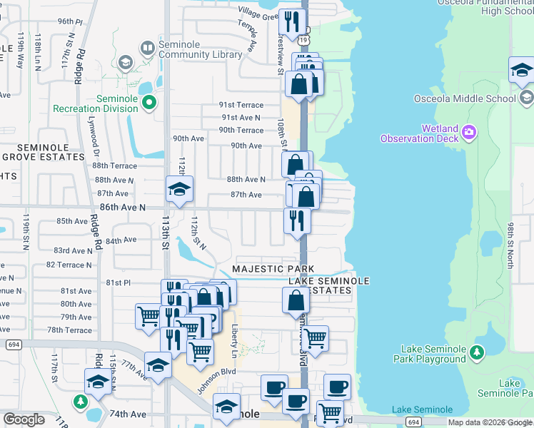 map of restaurants, bars, coffee shops, grocery stores, and more near 8590 108th Way in Seminole