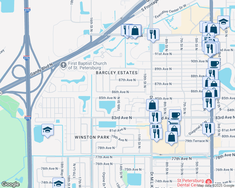 map of restaurants, bars, coffee shops, grocery stores, and more near 1400 86th Avenue North in St. Petersburg
