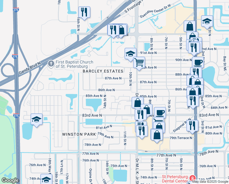 map of restaurants, bars, coffee shops, grocery stores, and more near 1248 86th Avenue North in St. Petersburg