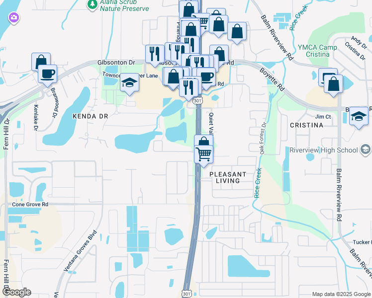 map of restaurants, bars, coffee shops, grocery stores, and more near 10678 Lake Montauk Drive in Riverview