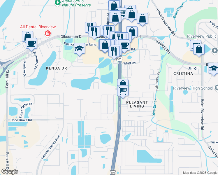 map of restaurants, bars, coffee shops, grocery stores, and more near 10660 Lake Montauk Drive in Riverview