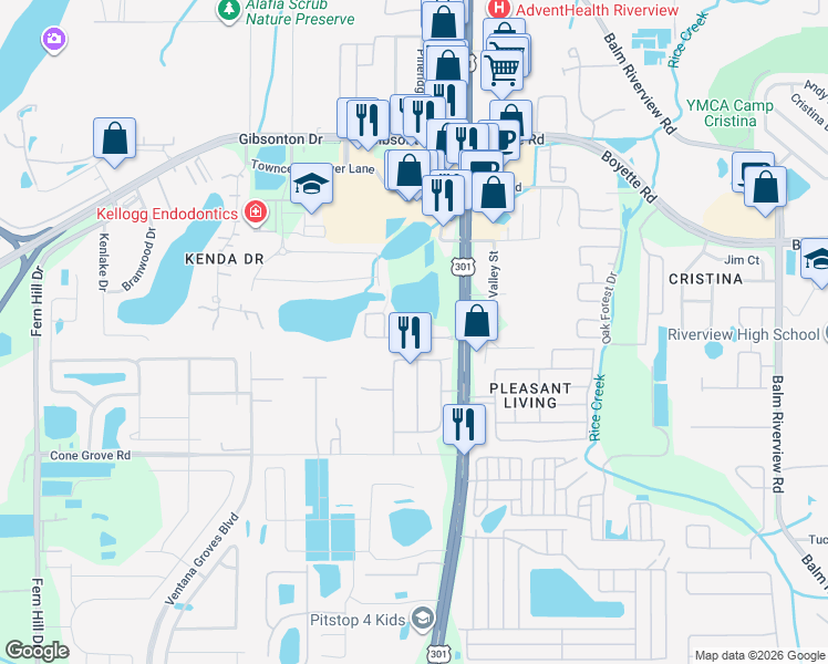 map of restaurants, bars, coffee shops, grocery stores, and more near 10644 Lake Montauk Drive in Riverview