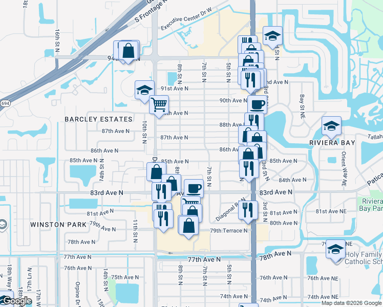 map of restaurants, bars, coffee shops, grocery stores, and more near 752 86th Ave N in St Petersburg