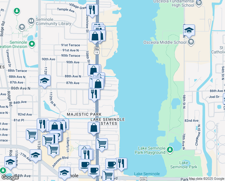 map of restaurants, bars, coffee shops, grocery stores, and more near 10550 86th Avenue North in Seminole