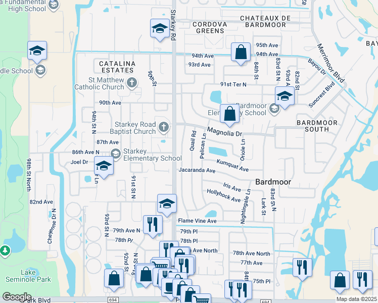 map of restaurants, bars, coffee shops, grocery stores, and more near 8626 Quail Road in Seminole