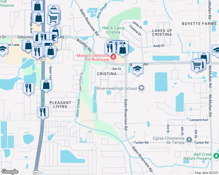 map of restaurants, bars, coffee shops, grocery stores, and more near 10245 Allenwood Drive in Riverview