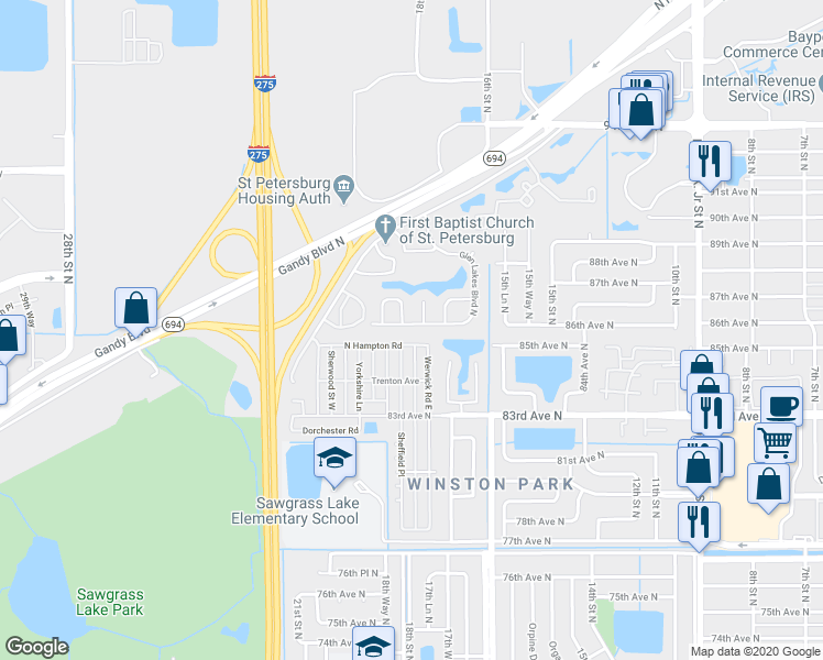 map of restaurants, bars, coffee shops, grocery stores, and more near 1840 Glen Lakes Boulevard North in St. Petersburg