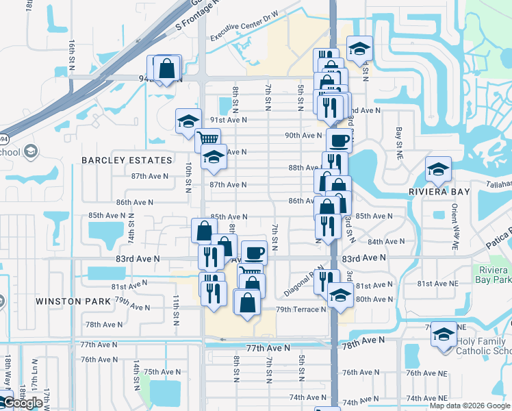 map of restaurants, bars, coffee shops, grocery stores, and more near 752 86th Avenue North in St. Petersburg
