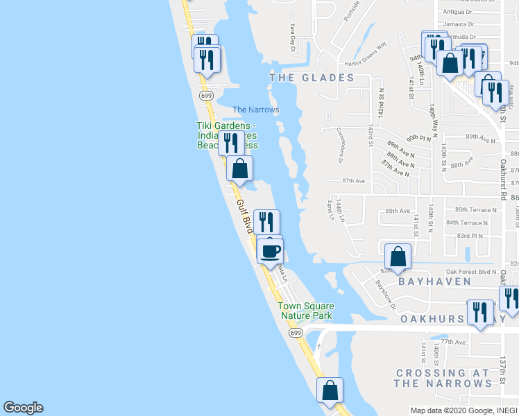 map of restaurants, bars, coffee shops, grocery stores, and more near 19451 Florida 699 in Indian Shores