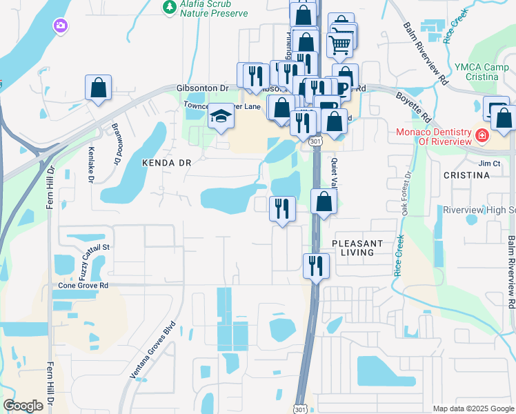 map of restaurants, bars, coffee shops, grocery stores, and more near 10522 Lake Montauk Drive in Riverview