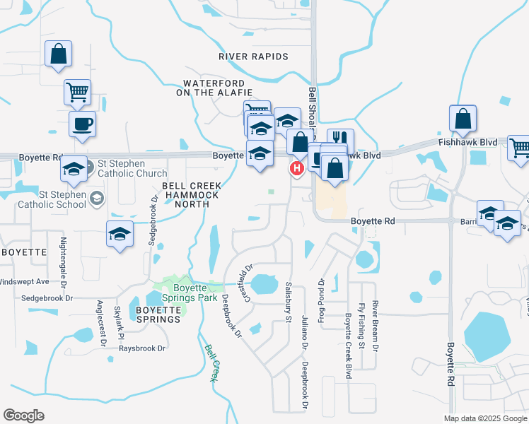 map of restaurants, bars, coffee shops, grocery stores, and more near 10203 Evening Trail Drive in Riverview