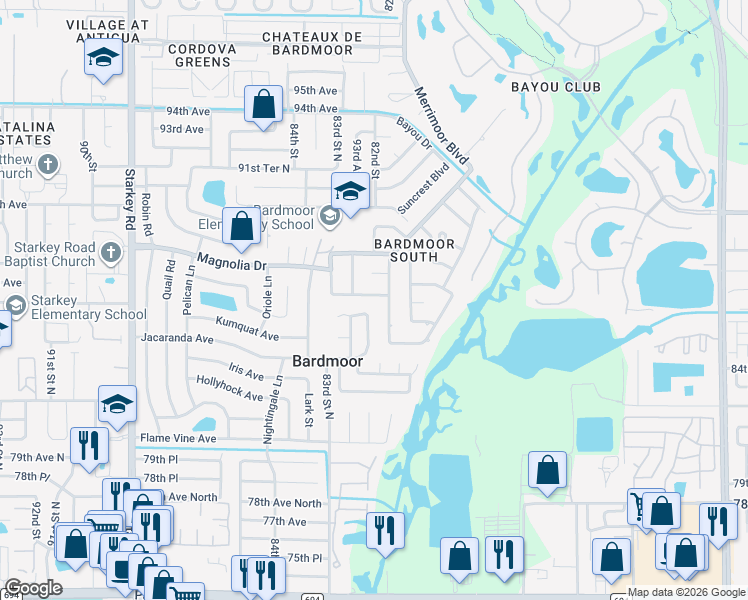 map of restaurants, bars, coffee shops, grocery stores, and more near 8120 Norwood Road in Seminole