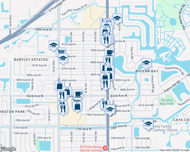 map of restaurants, bars, coffee shops, grocery stores, and more near 500 86th Avenue North in St. Petersburg