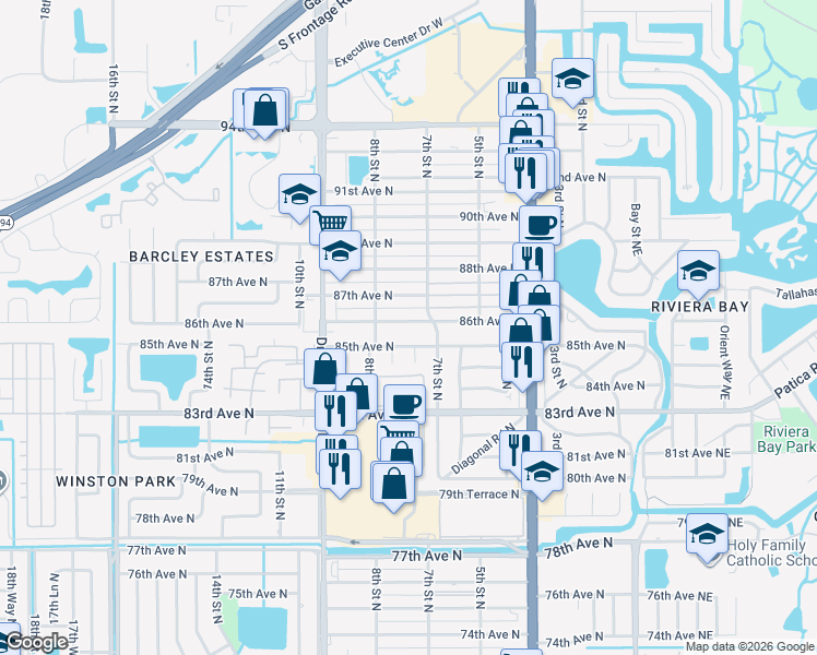 map of restaurants, bars, coffee shops, grocery stores, and more near 752 86th Avenue North in St. Petersburg