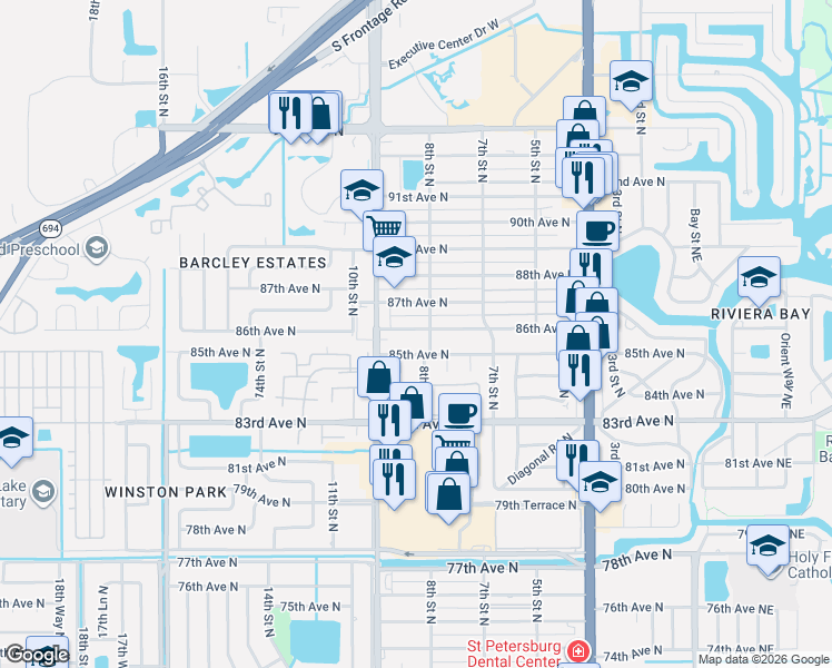 map of restaurants, bars, coffee shops, grocery stores, and more near 820 86th Avenue North in St. Petersburg