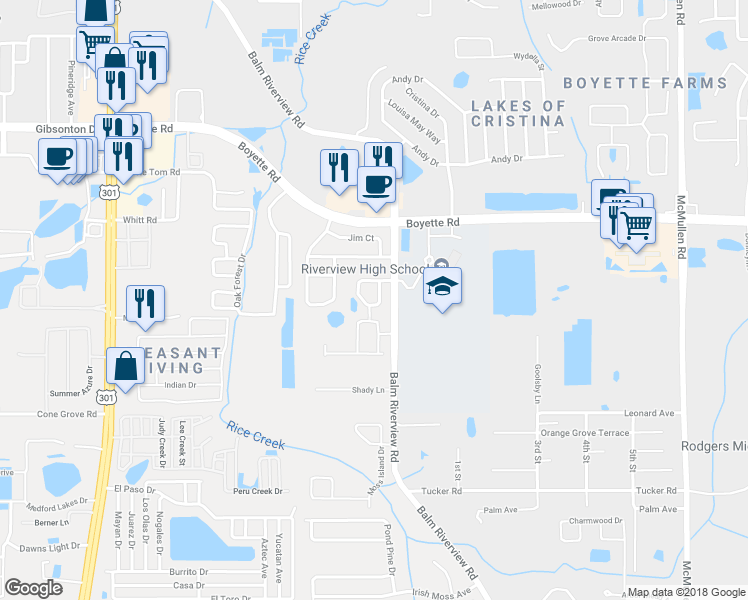 map of restaurants, bars, coffee shops, grocery stores, and more near 11111 Black Forest Trail in Riverview