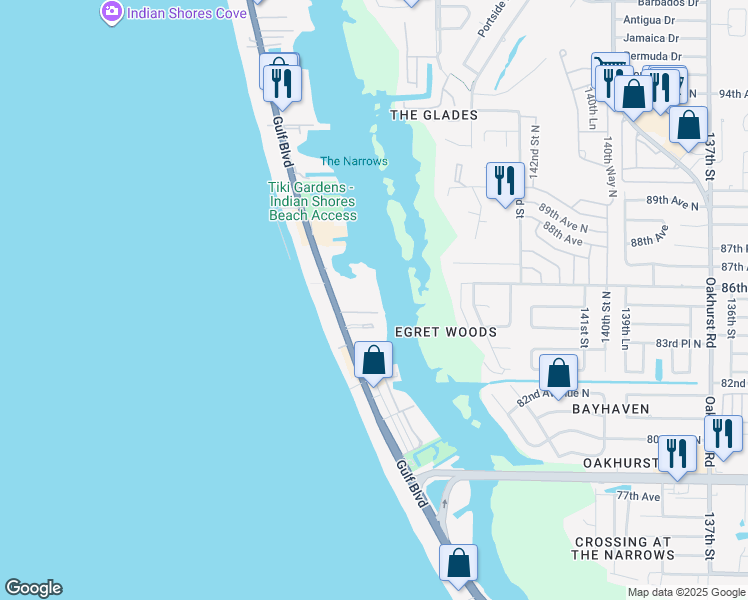 map of restaurants, bars, coffee shops, grocery stores, and more near 19451 Gulf Boulevard in Indian Shores