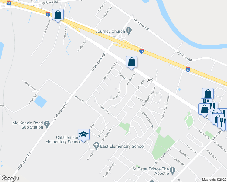 map of restaurants, bars, coffee shops, grocery stores, and more near 4215 Canyon Street in Corpus Christi