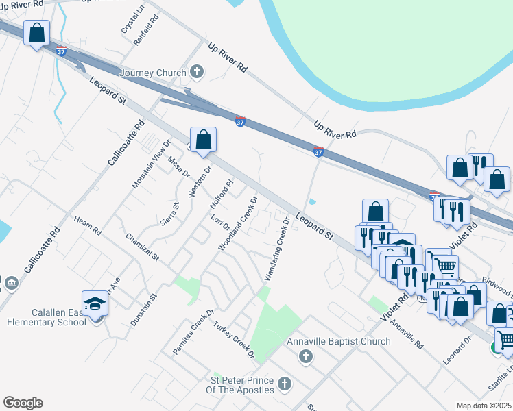map of restaurants, bars, coffee shops, grocery stores, and more near 4338 Woodland Creek Drive in Corpus Christi