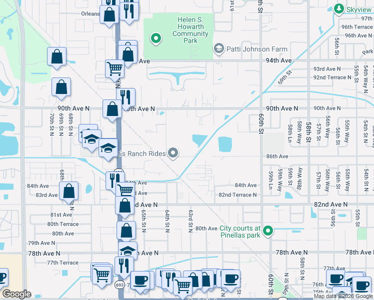 map of restaurants, bars, coffee shops, grocery stores, and more near 6351 86th Avenue in Pinellas Park