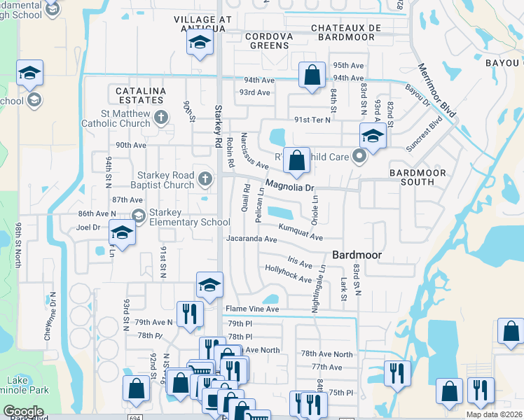 map of restaurants, bars, coffee shops, grocery stores, and more near 8631 Pelican Lane in Seminole
