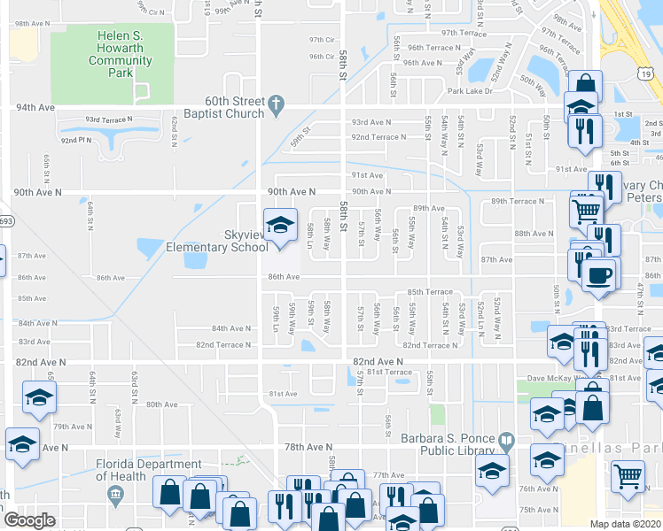 map of restaurants, bars, coffee shops, grocery stores, and more near 5820 87th Avenue in Pinellas Park