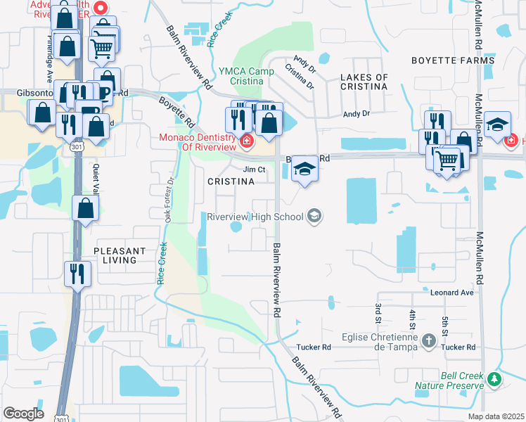 map of restaurants, bars, coffee shops, grocery stores, and more near 11109 Black Forest Trail in Riverview